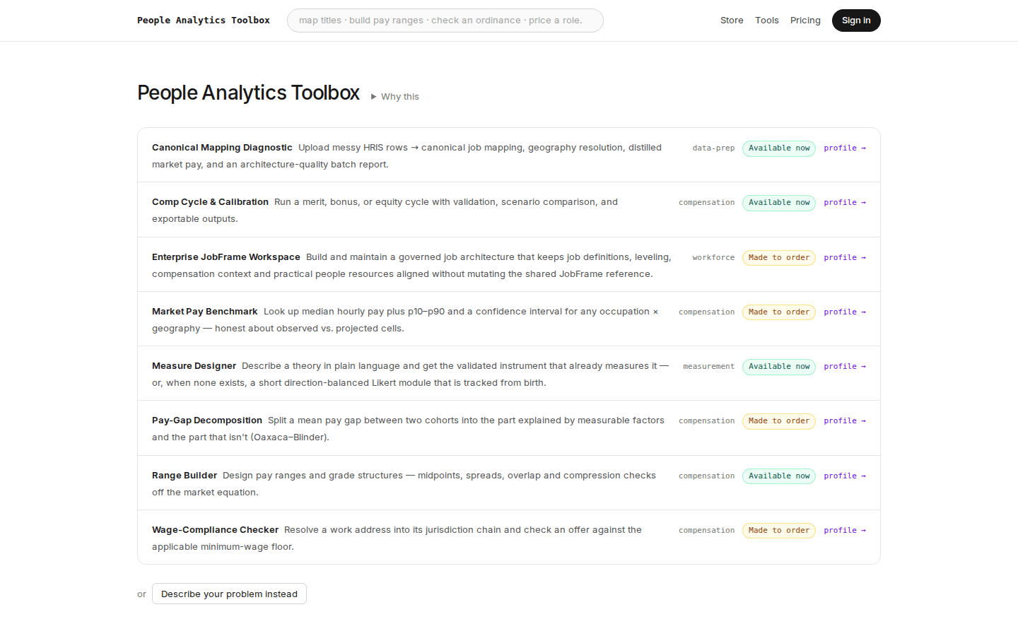 People Analytics Toolbox — the tool list, each one runnable by a person or callable by an AI agent (2026-09-29).